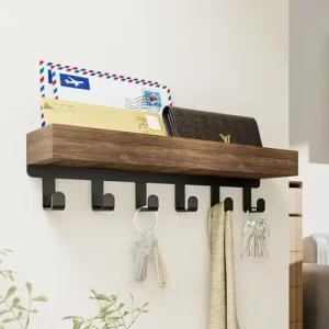Wall Mounted Key Hanger with Shelf Mail Holder Decorative Wooden Key Hook Rack